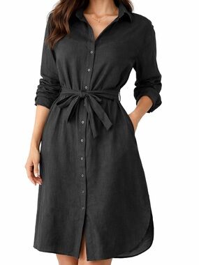 Banana Republic Black Linen Blend Shirt Dress Medium Tie Waist Button Front Midi